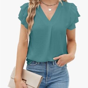 💚 2 for $20 - Blooming Jelly Turquoise V-Neck Blouse with Ruffle Sleeve  – Large